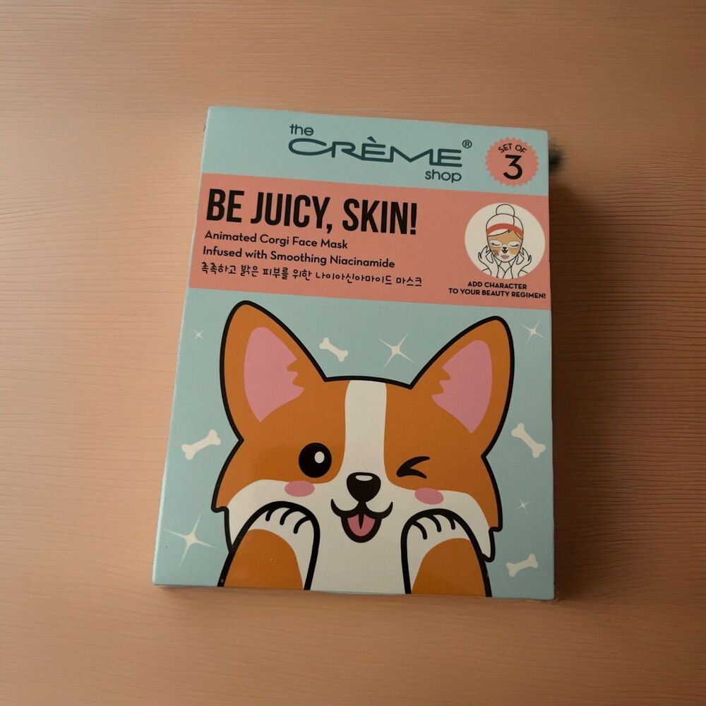 The Crème Shop Be Juicy, Skin! Animated Corgi Face Mask package of 3 masks new